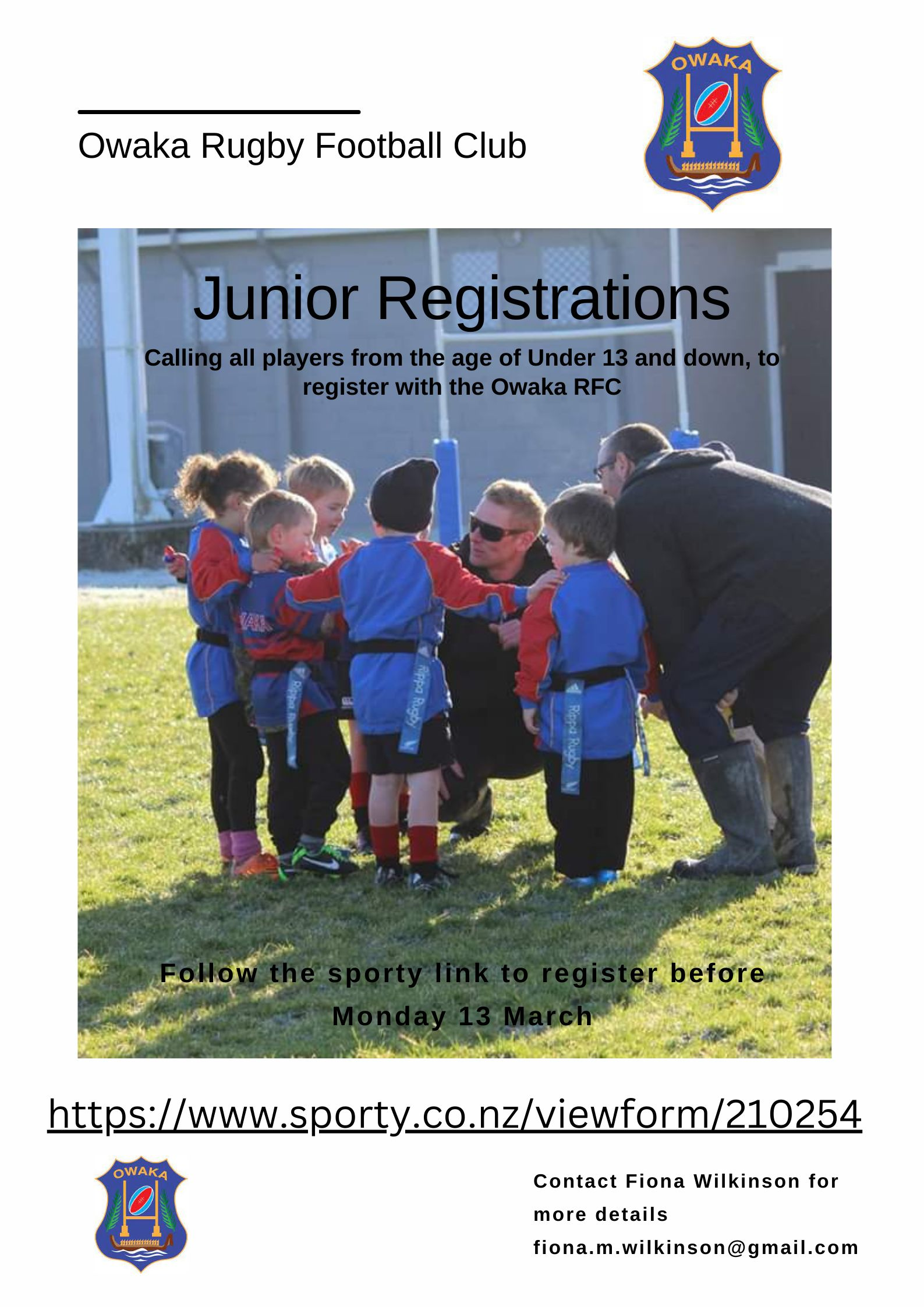 Owaka Junior Rugby Registration Poster 2023